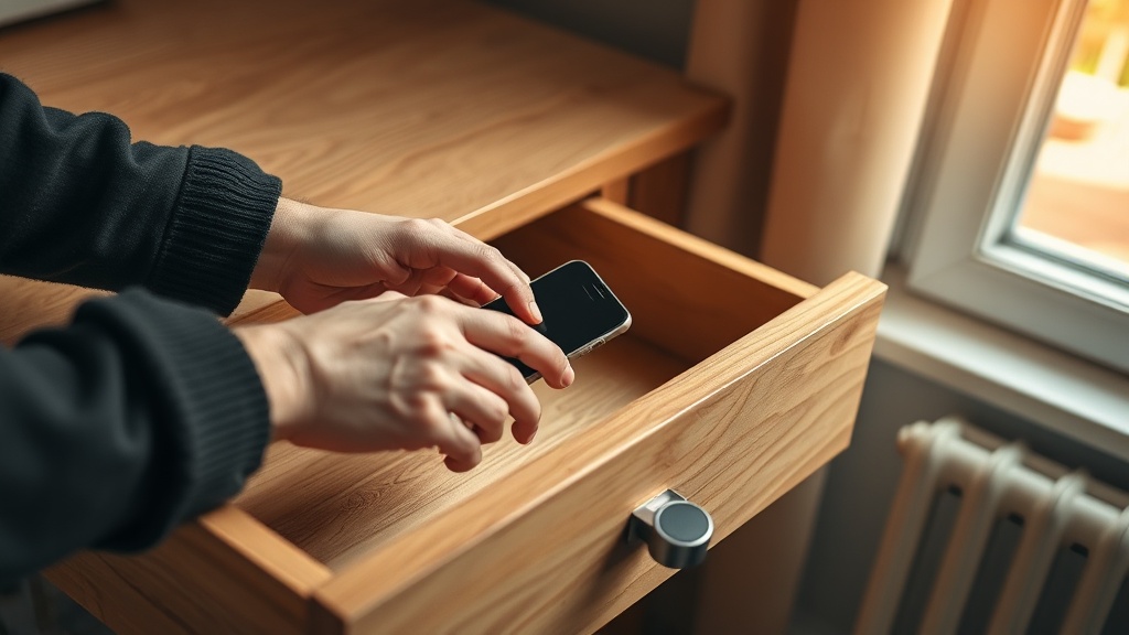 Person legt Smartphone bewusst in eine Schublade