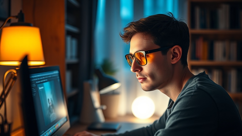 Person mit Blaulichtfilter-Brille am Computer bei Nacht
