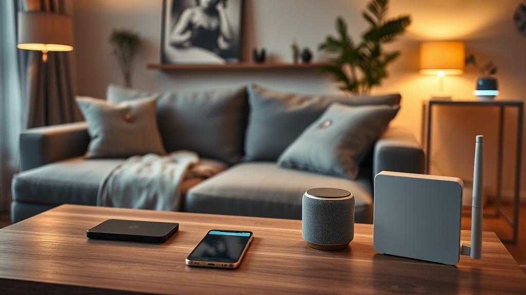 Wohnzimmer mit verschiedenen elektronischen Geräten — Smartphone, Laptop, WLAN-Router