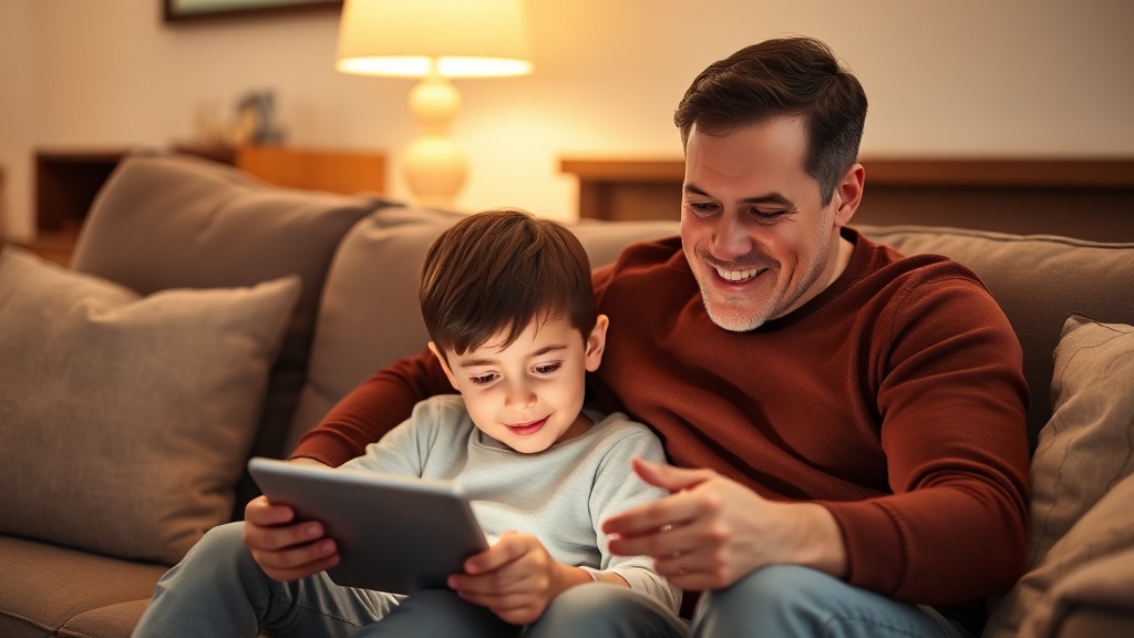 Kind mit Tablet auf dem Sofa, Elternteil sitzt daneben