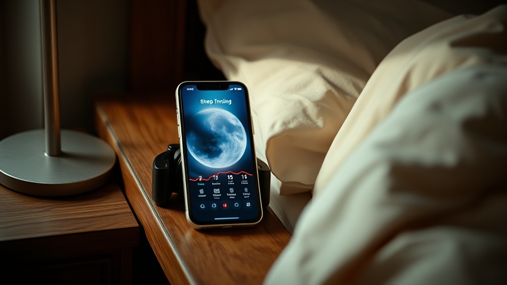 Smartwatch mit Schlaftracking-Anzeige auf dem Nachttisch neben einem Bett