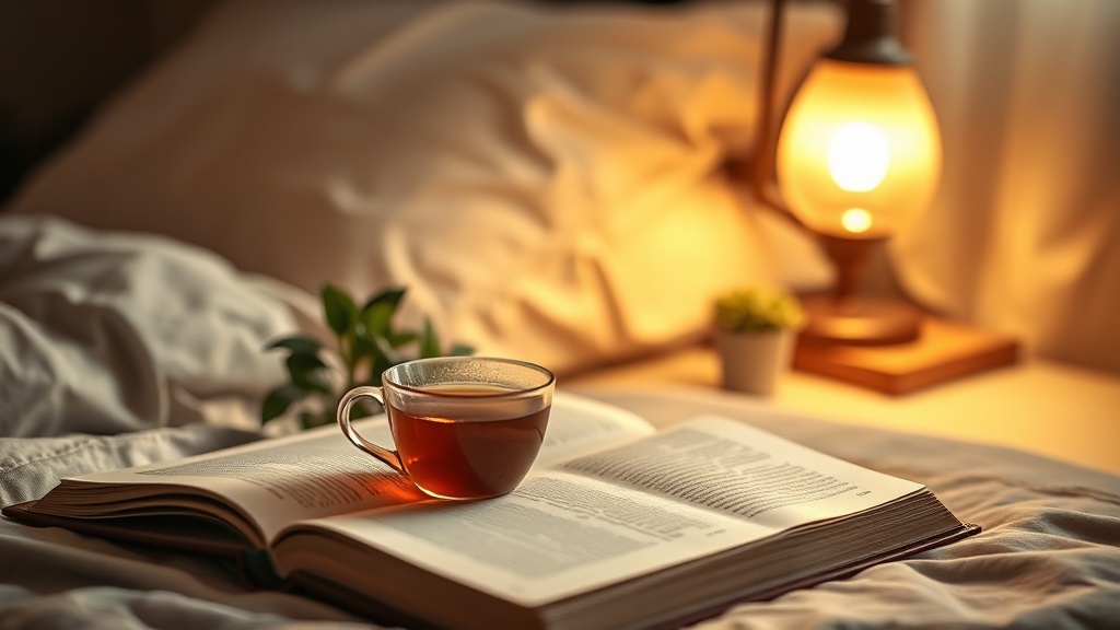 Nachttisch mit Buch, Kräutertee und Pflanze — kein Smartphone