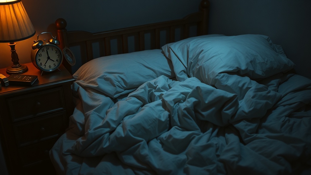 Person liegt wach im Bett und schaut auf den Wecker, der 3:24 Uhr zeigt