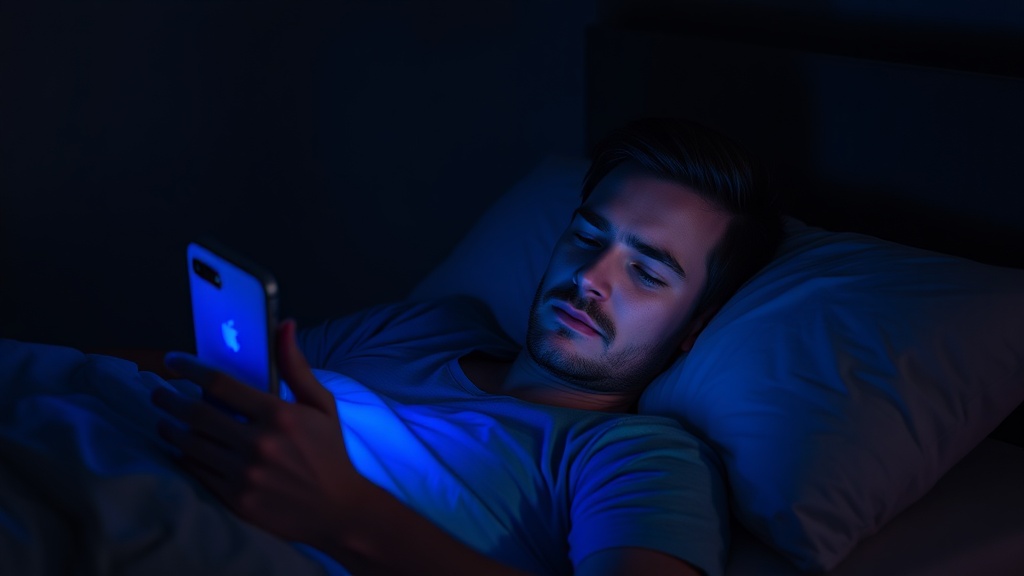 Mann liegt nachts im Bett und schaut auf sein Smartphone